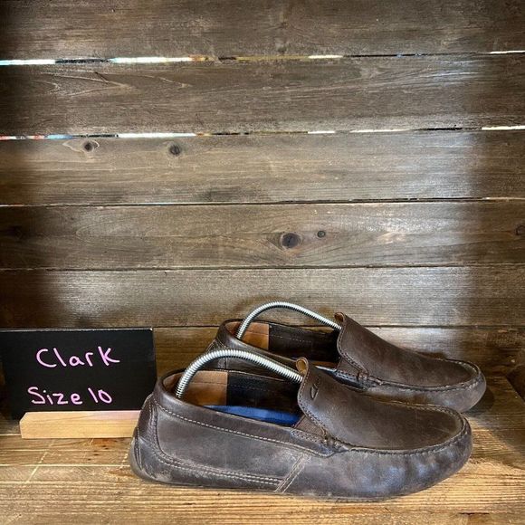 Mens Clarks‎ Marksman Dark Brown Leather Slip On Driving Loafers Shoes Size 10 M